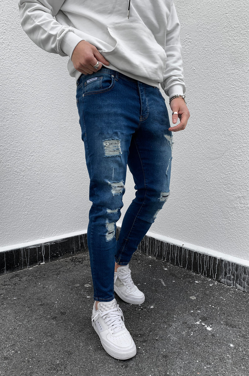 OKI DESTROYED SKINNY JEANS BLUE ZIP