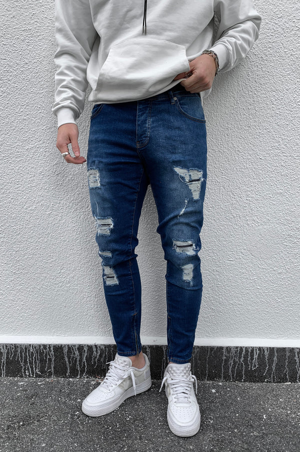 OKI DESTROYED SKINNY JEANS BLUE ZIP