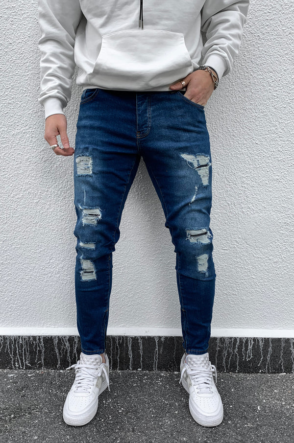 OKI DESTROYED SKINNY JEANS BLUE ZIP