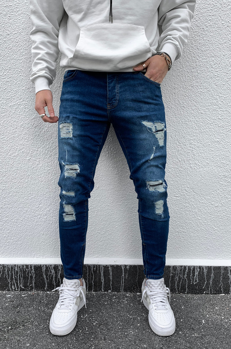 OKI DESTROYED SKINNY JEANS BLUE ZIP