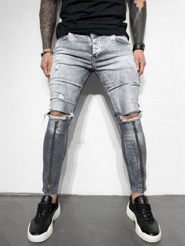 SKINNY-JEANS SHIN ZIPPER GREY-DARKGREY - DENIMHOLICS
