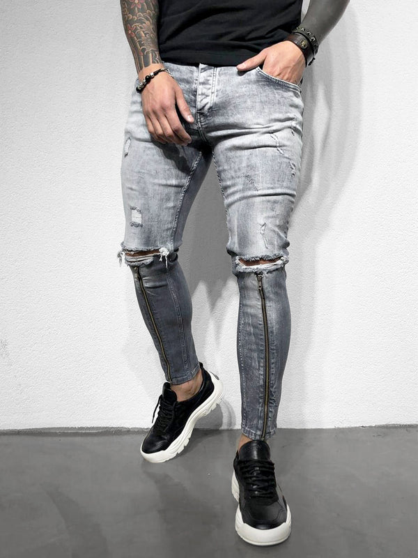 SKINNY-JEANS SHIN ZIPPER GREY-DARKGREY - DENIMHOLICS